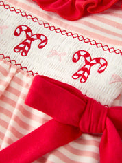 Christmas Candy Cane Smocking Embroidery Striped Baby Girls Romper