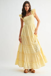 Yellow Eyelet Smocked Maxi Dress