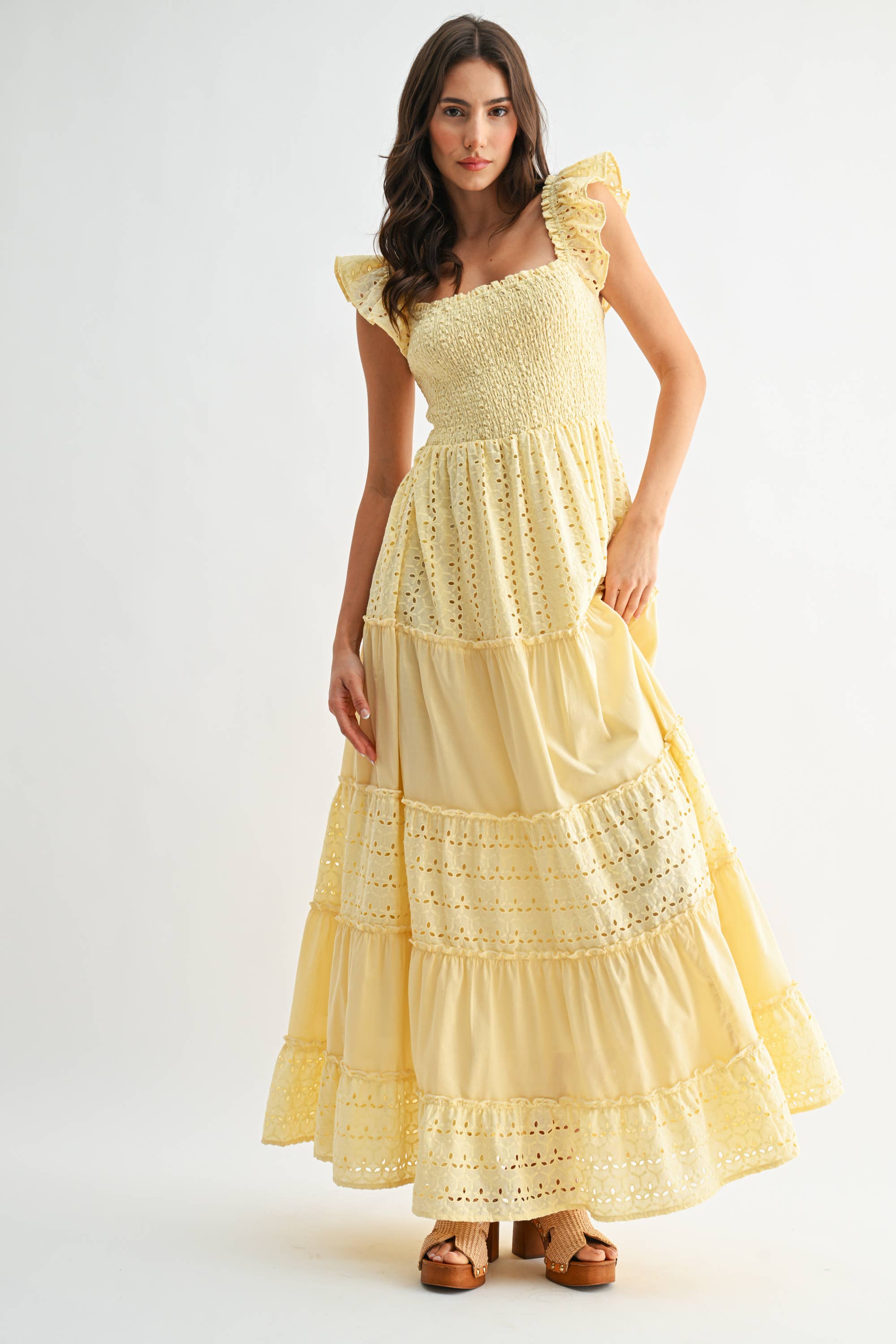 Yellow Eyelet Smocked Maxi Dress