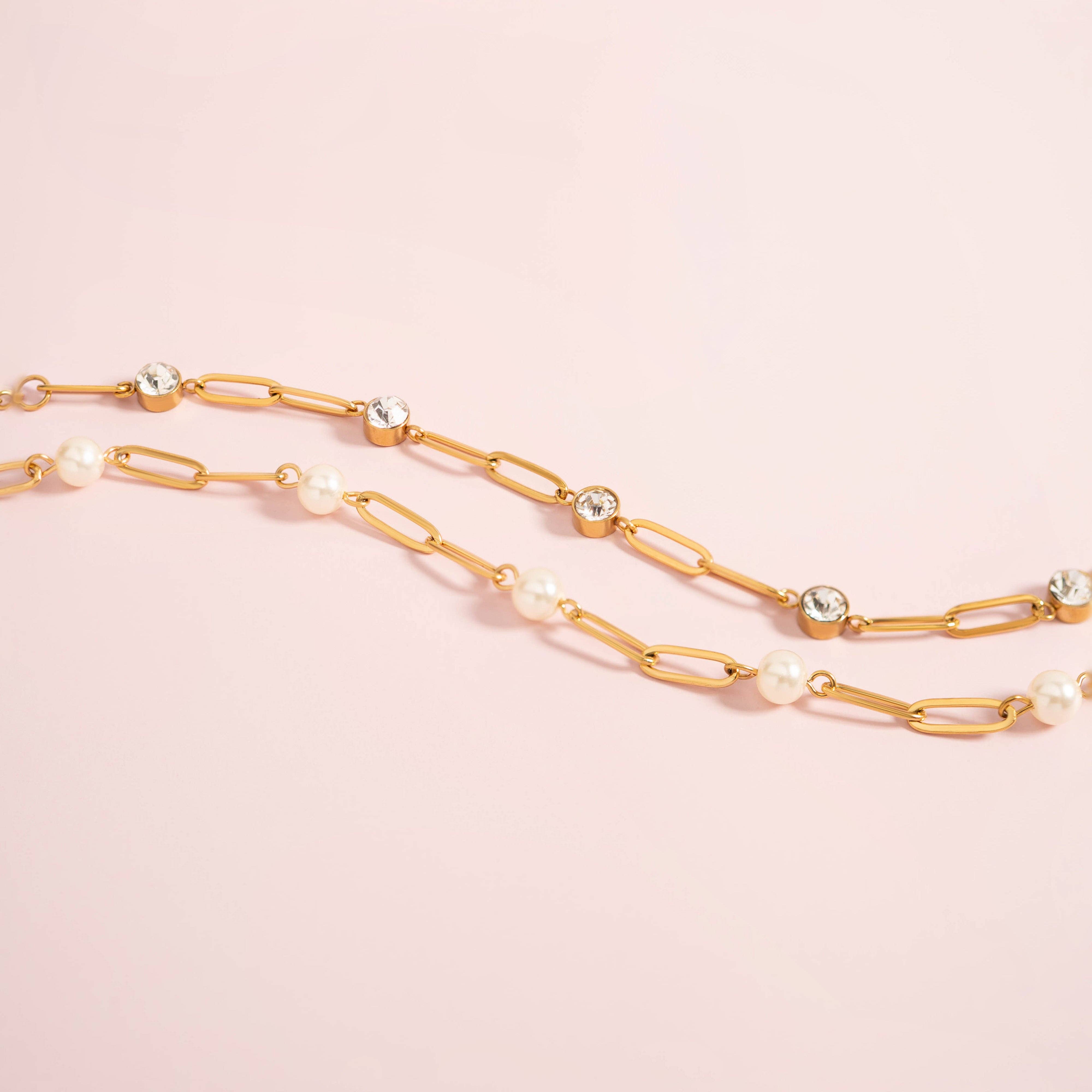 18K Gold Steel Station Pearl Paperclip Chain Bracelet