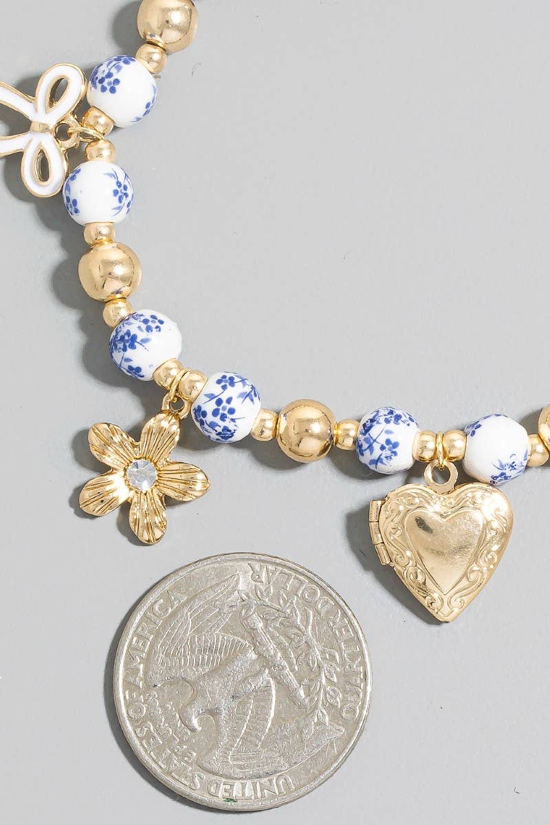Flower And Heart Locket Charms Floral Ceramic Beaded