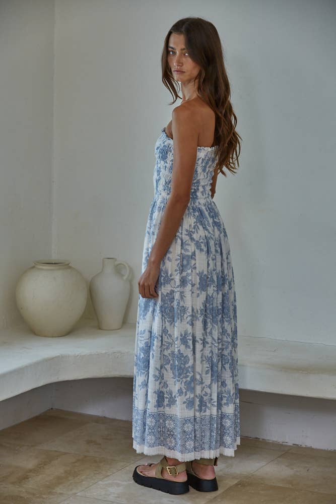 Blue Floral Strapless Midi Dress