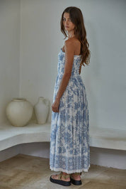Blue Floral Strapless Midi Dress