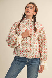 Ivory Floral Quilted Jacket With Ribbon Detail