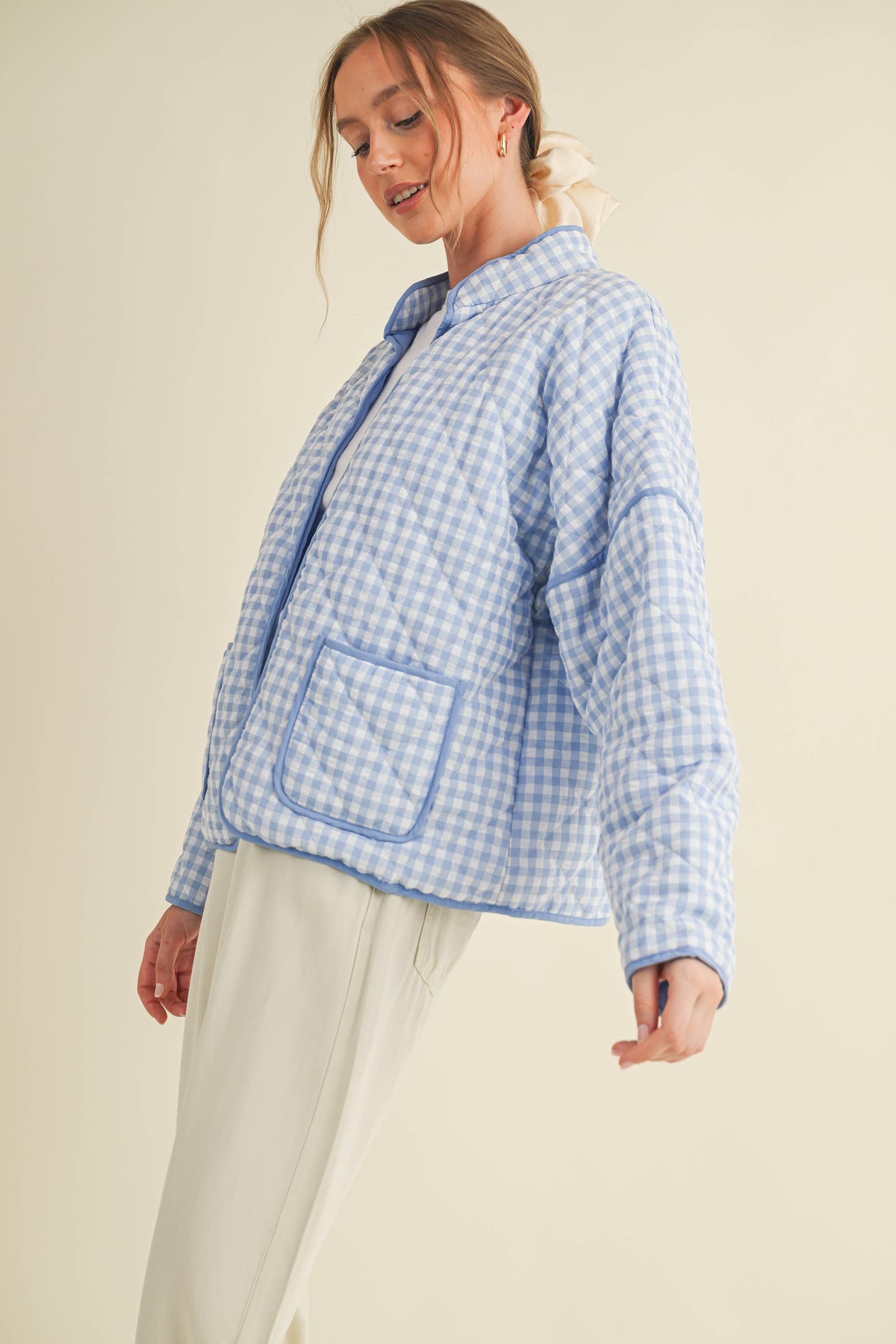 Light Blue Quilted Gingham Jacket showing functional patch pockets at the front