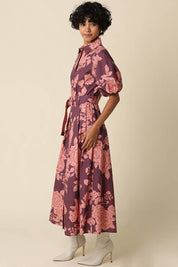 Purple & Pink Floral Shirt Belted Maxi Dress showing puff sleeves