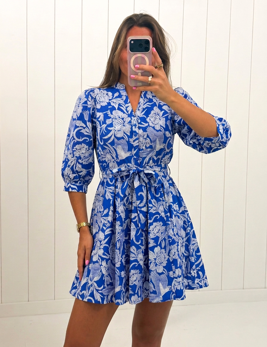 AI-assisted FASHN try-on of Blue Viry Floral Mini Dress on boutique owner.