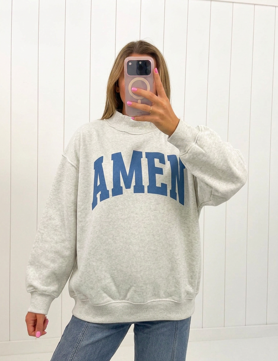 AI-assisted FASHN try-on of WWJD & Amen Reversible Mockneck, amen side; approved September 25, 2026.