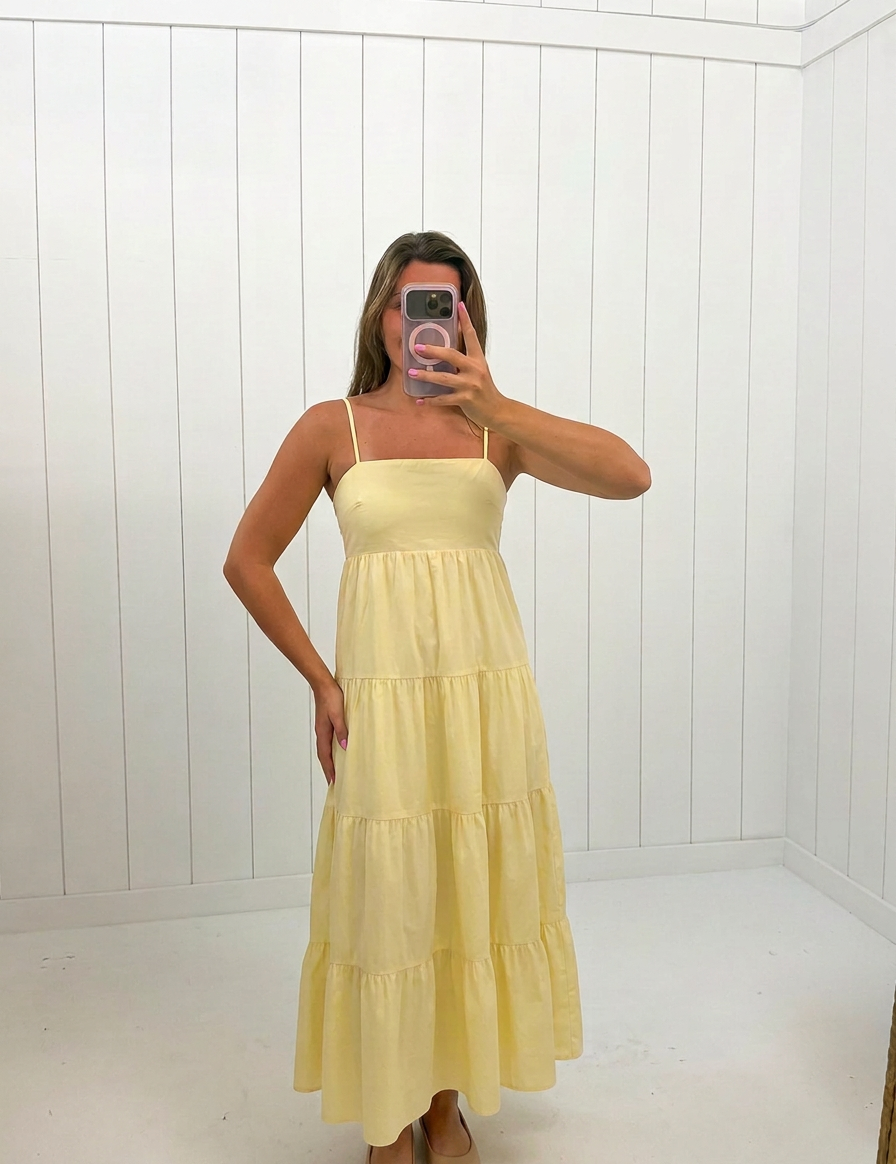 AI-assisted FASHN try-on of Yellow Iris Poplin Tiered Maxi Dress on boutique owner.
