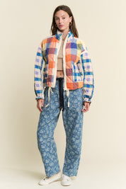 Blue Multi-color Plaid Puffer Jacket