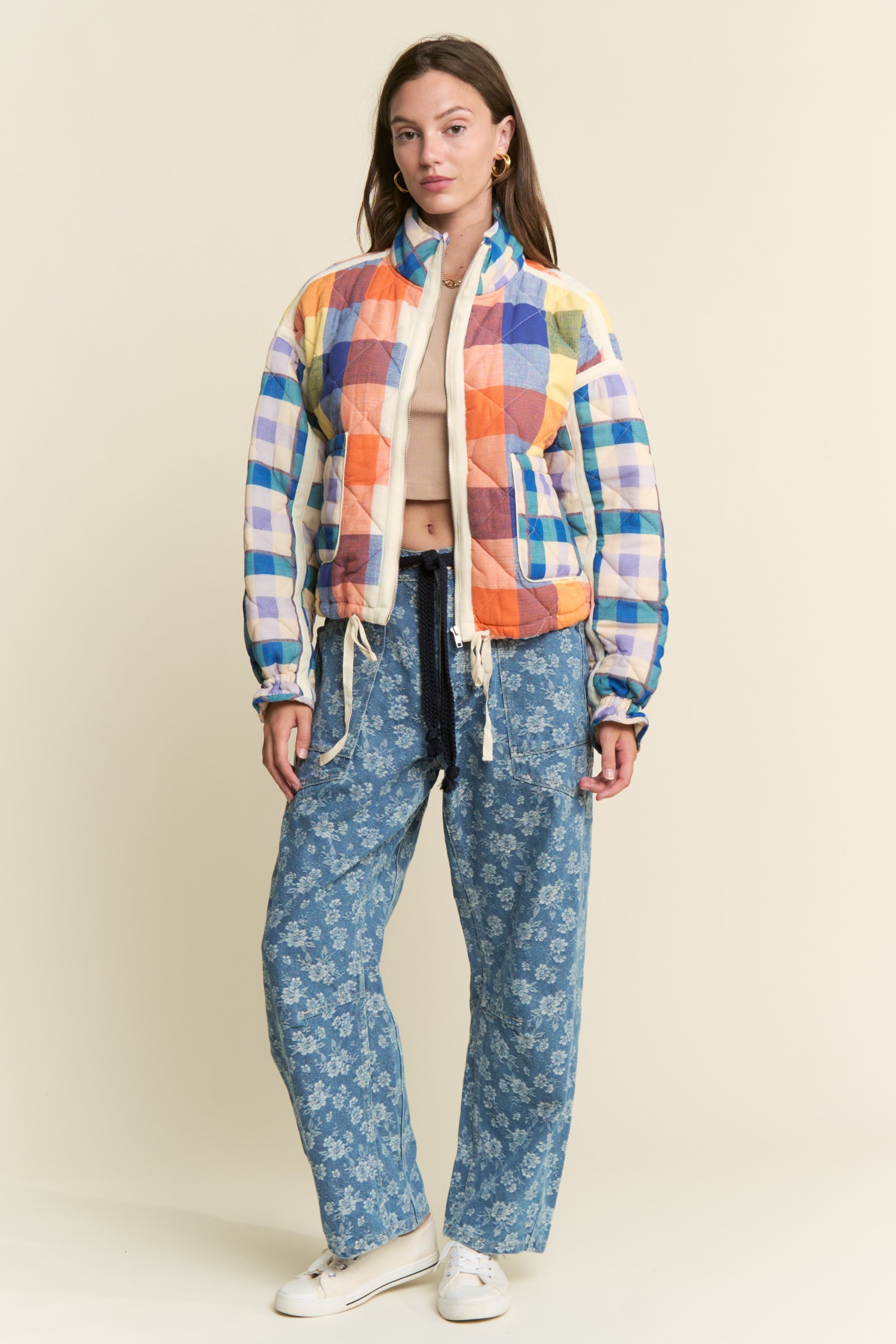 Blue Multi-color Plaid Puffer Jacket