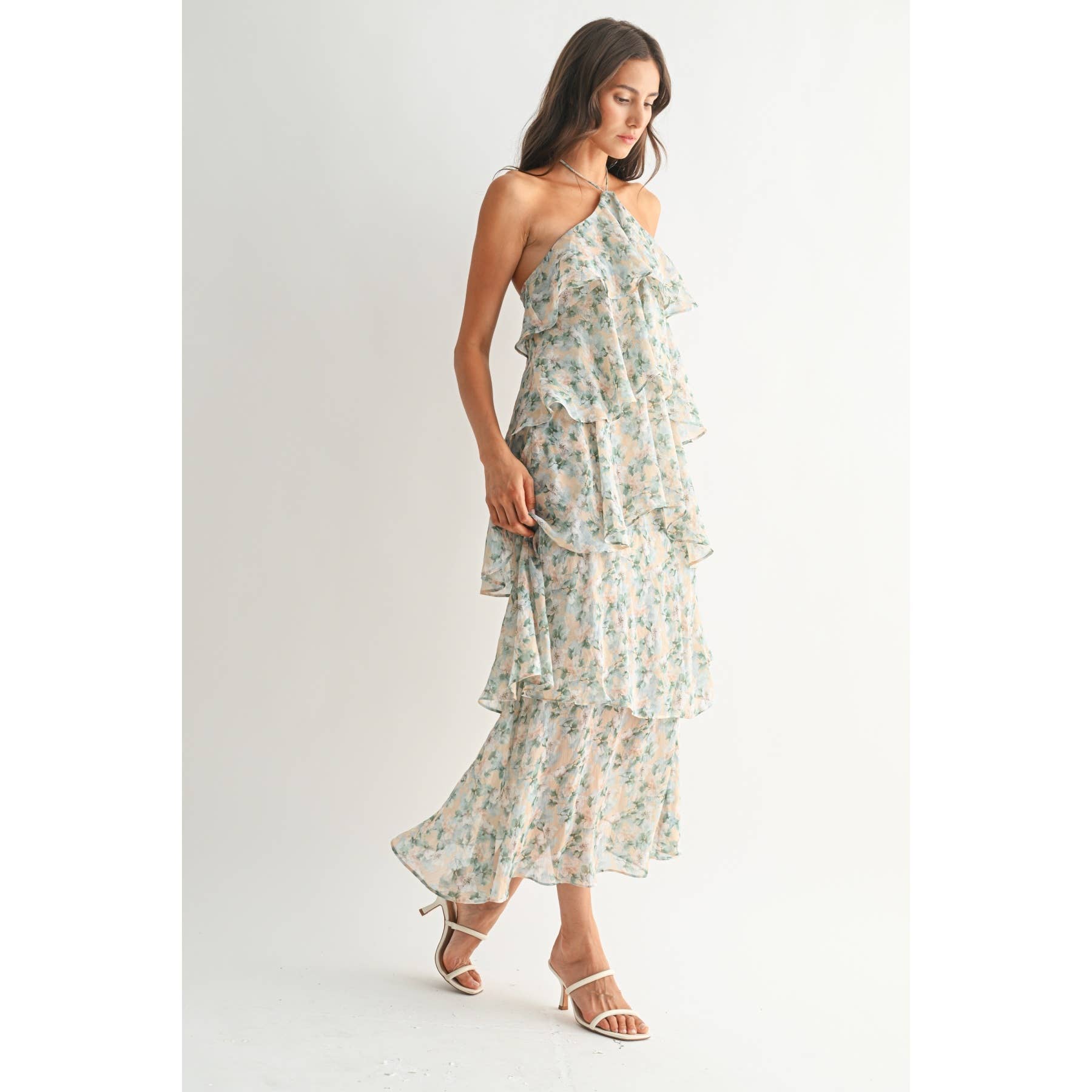 Green Floral Ruffle Tiered Maxi Dress