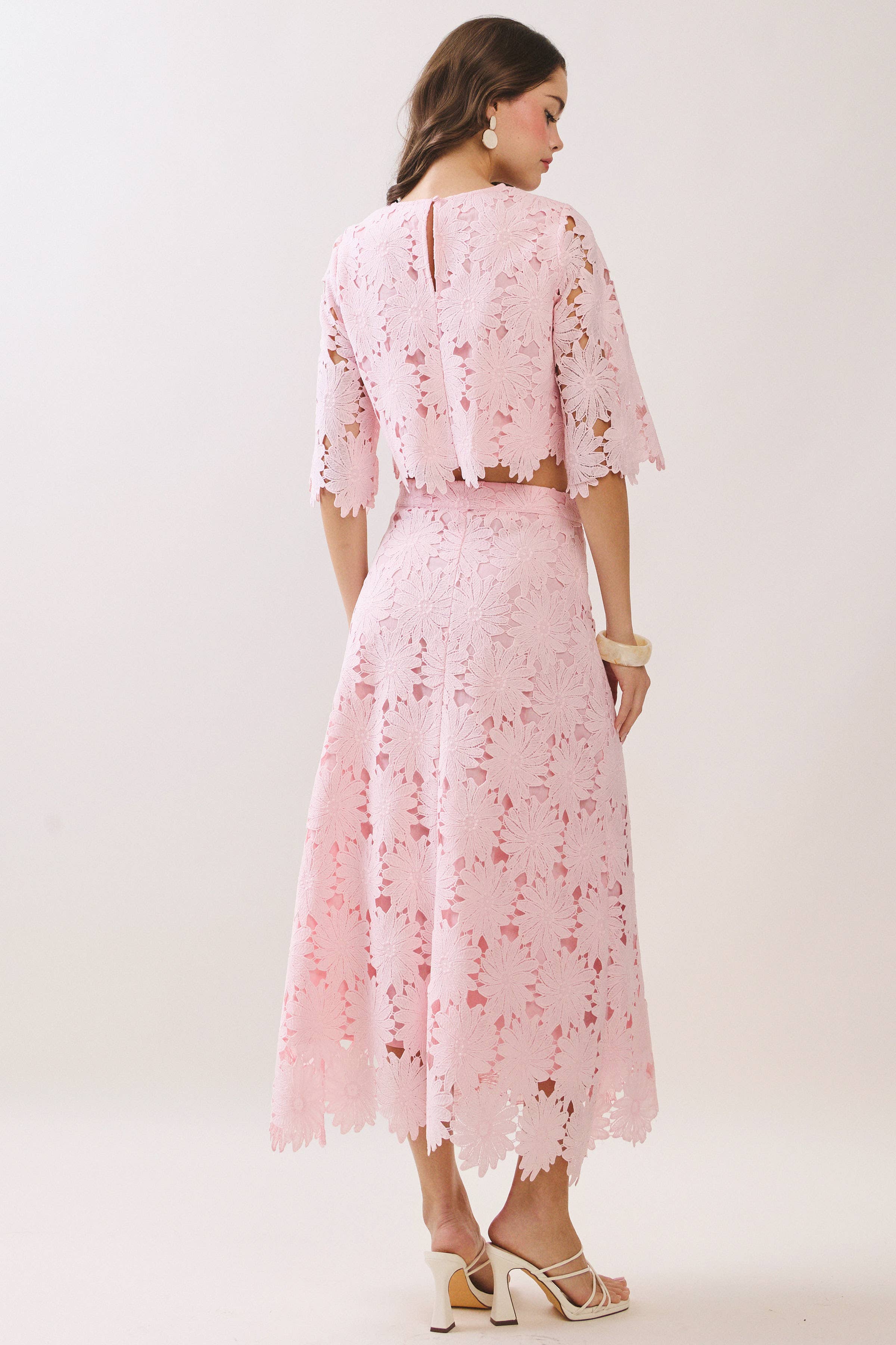 Pink Floral Lace Scalloped Midi Skirt