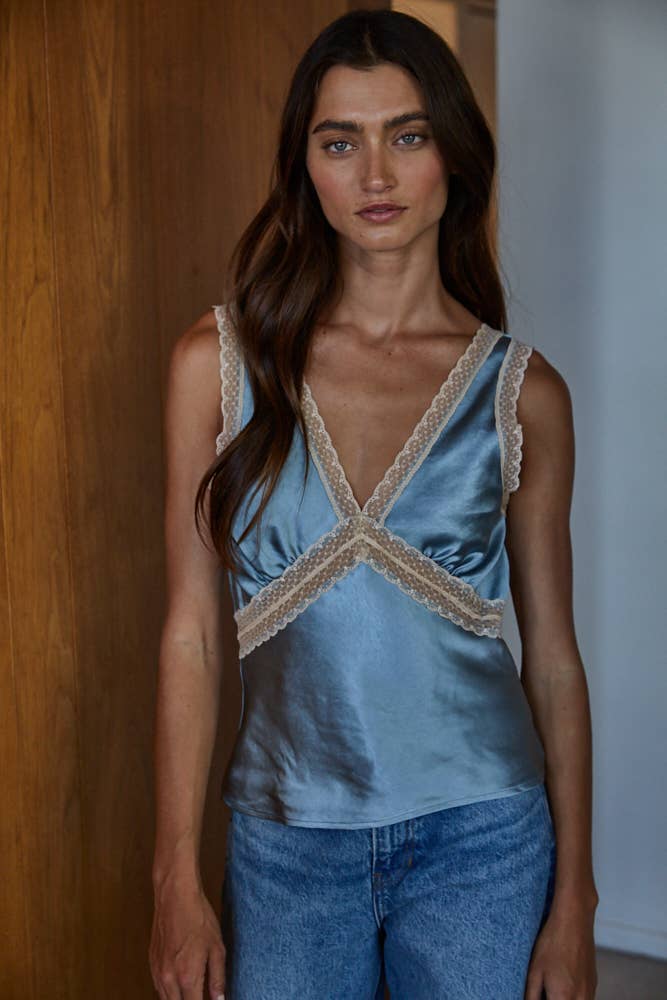 Blue Lace Trim Detail Sleeveless Top