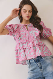 Tropical Leaf Ruffle Peplum Top