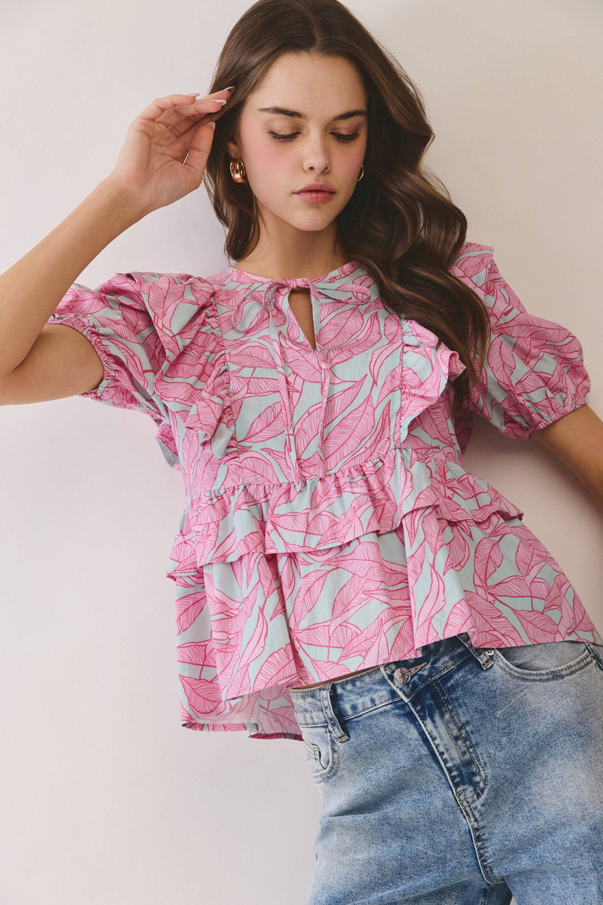 Tropical Leaf Ruffle Peplum Top