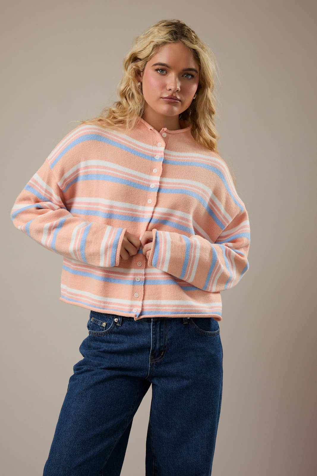 Pink Striped Rolled Hem Cardigan