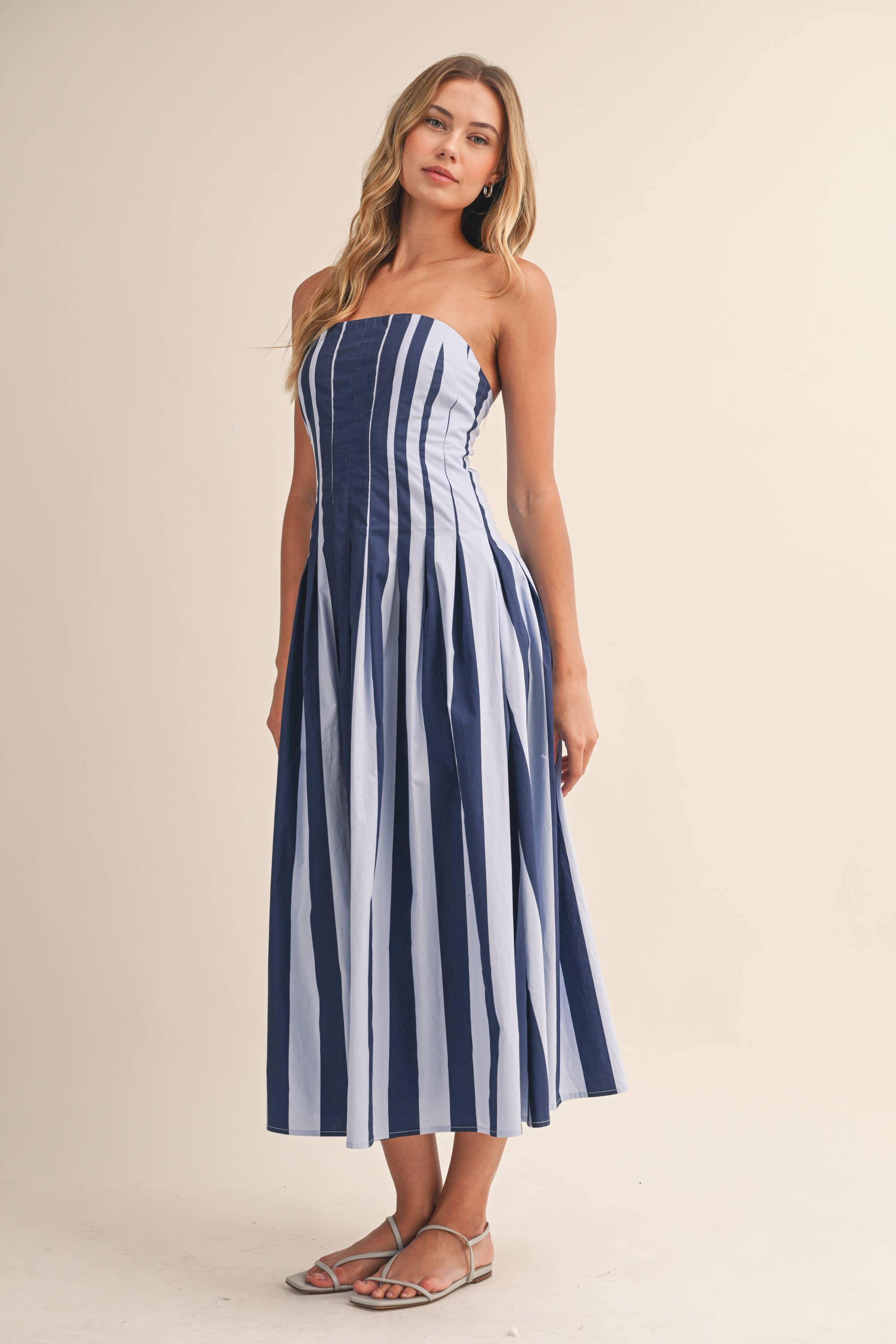 Blue Strapless Striped Midi Dress