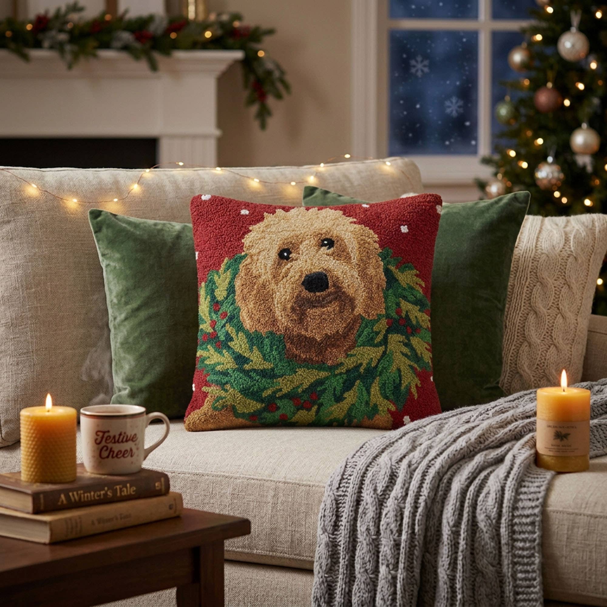 Red Labradoodle With Wreath Hook Pillow