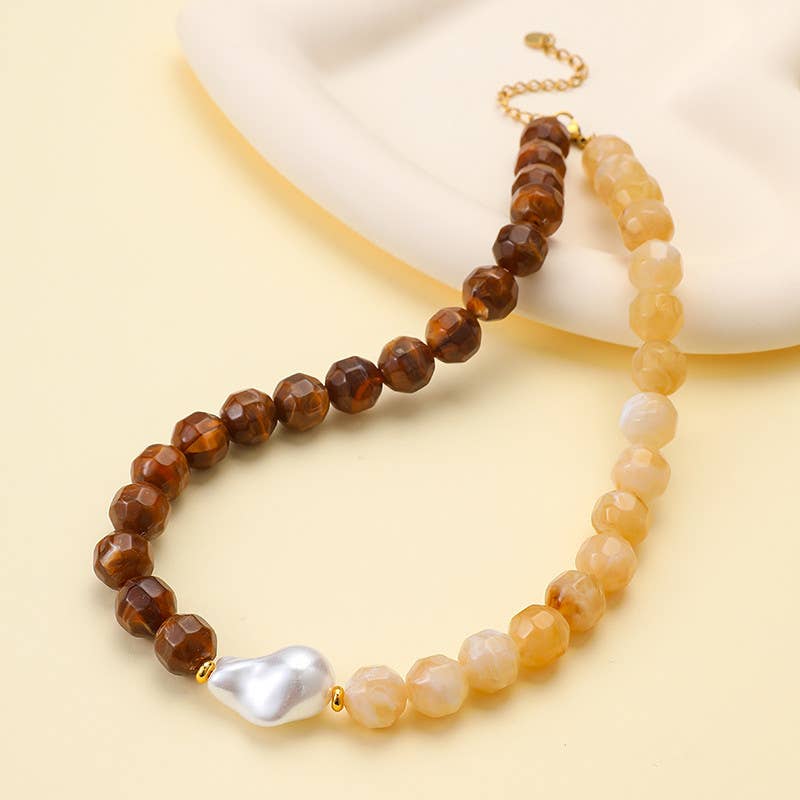 Brown Two-Tone Stone & Pearl Necklace