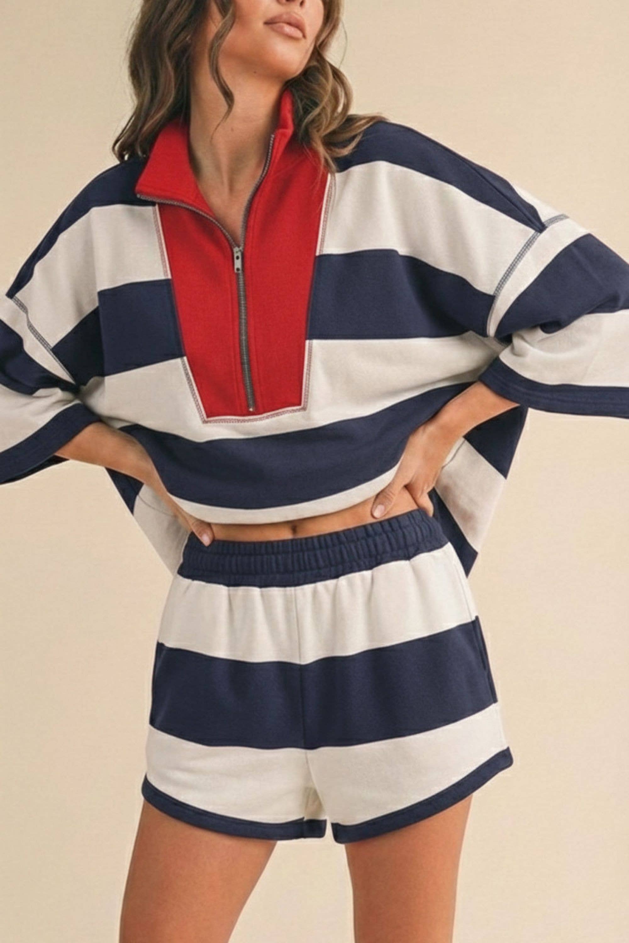 Navy Striped Half Zip Set