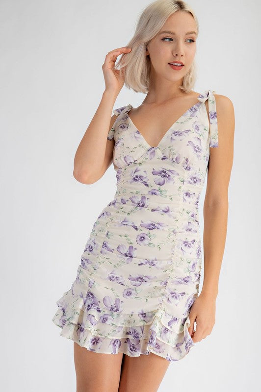 Floral Ruched Tie Sleeve Dress