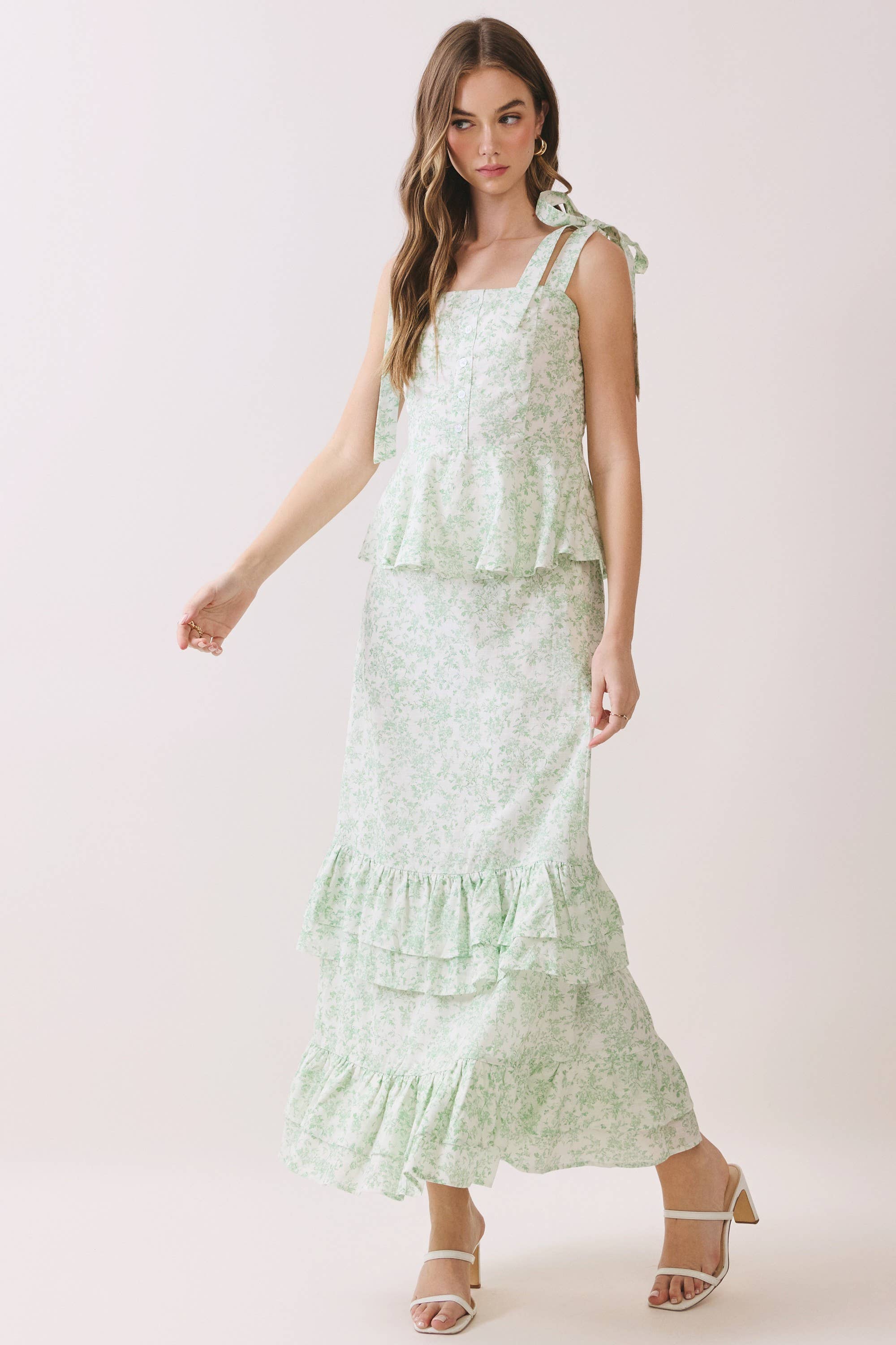 Green Floral Print Shoulder Tie Top