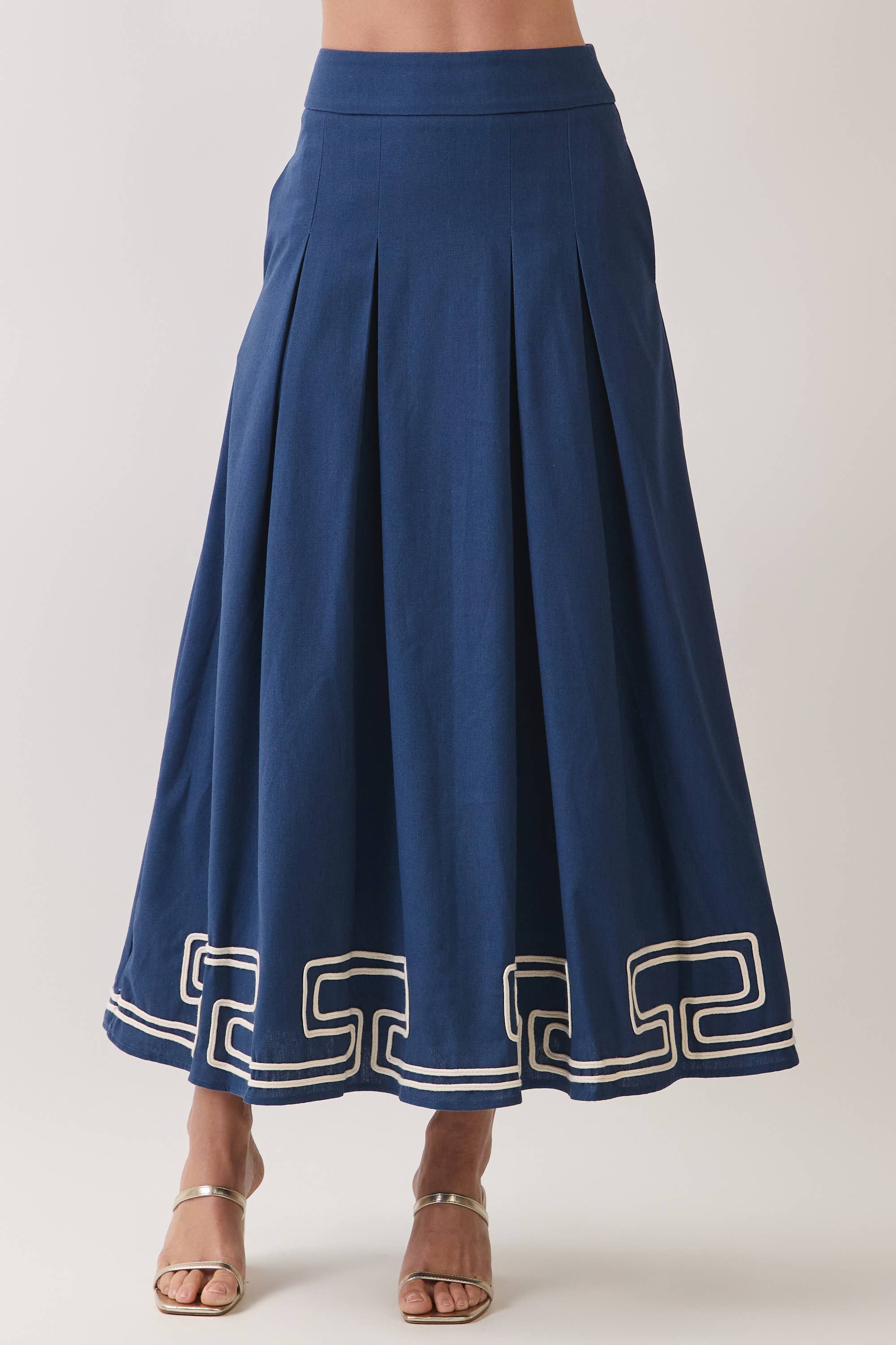 Navy Embroidered Pleated Maxi Skirt
