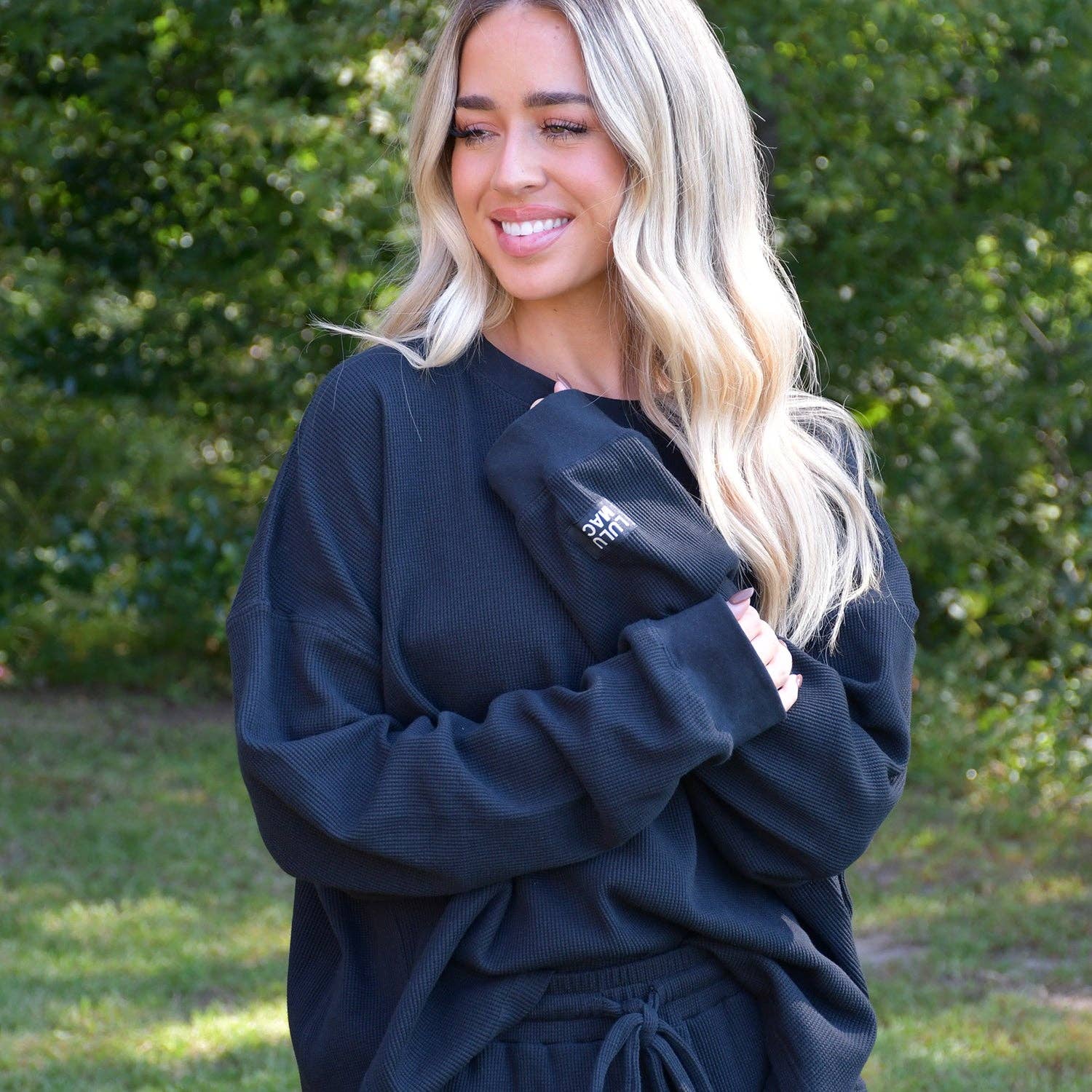 Black Longsleeve Waffle Top Lulu Mac — slip-on style and long sleeves for extra comfort