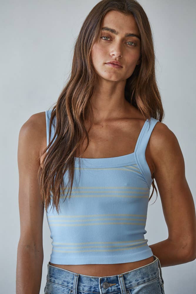Blue Seamless Ribbed Striped Top
