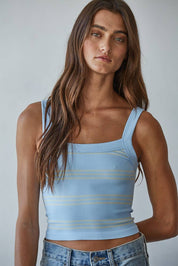 Blue Seamless Ribbed Striped Top