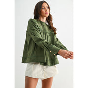 Green Puff Sleeve Embroidered Blouse