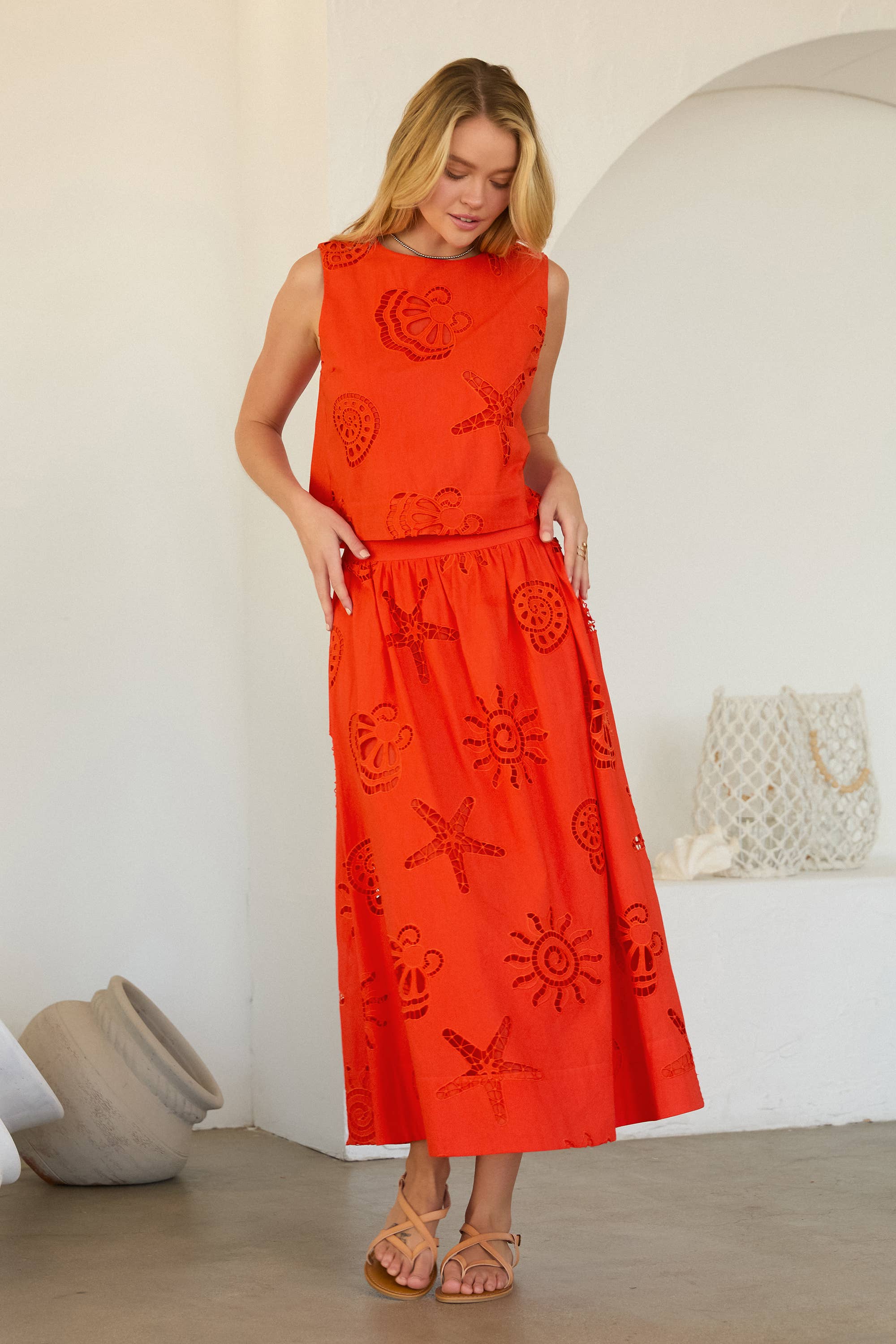 Orange Coastal Eyelet Lace Skirt Set