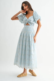 Blue Eyelet Puff Sleeve Maxi Dress