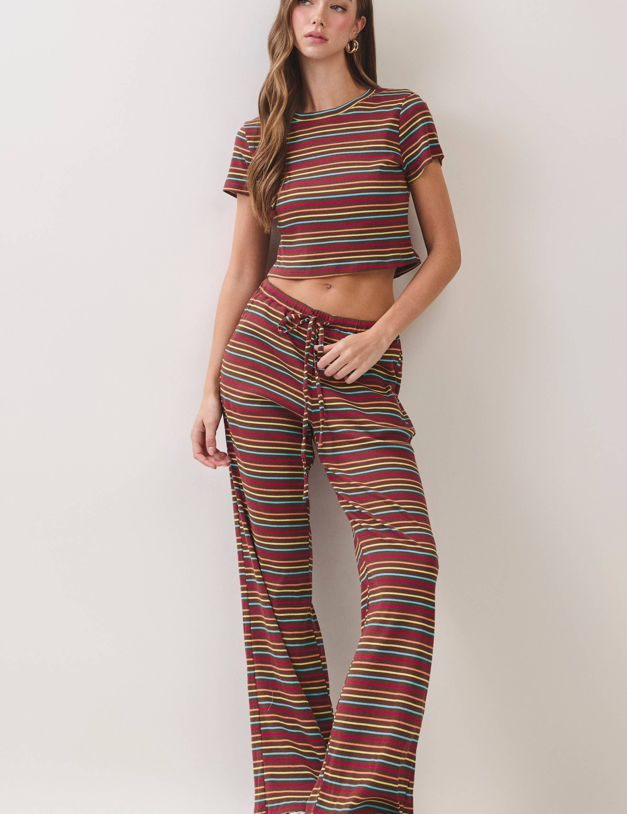 Brown Stripe Top & Pants Set — two-piece set and cropped top