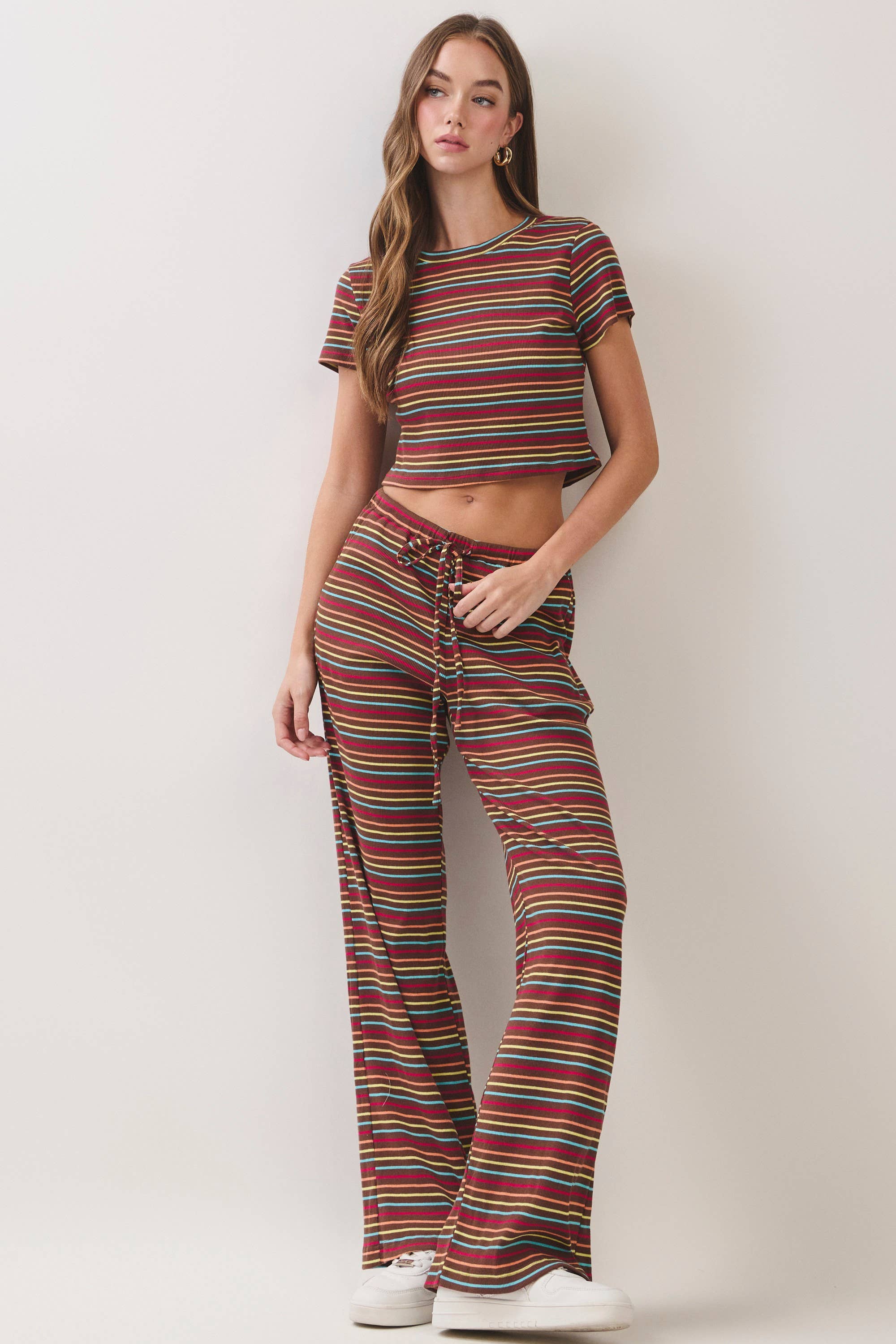Brown Stripe Top & Pants Set — two-piece set and cropped top