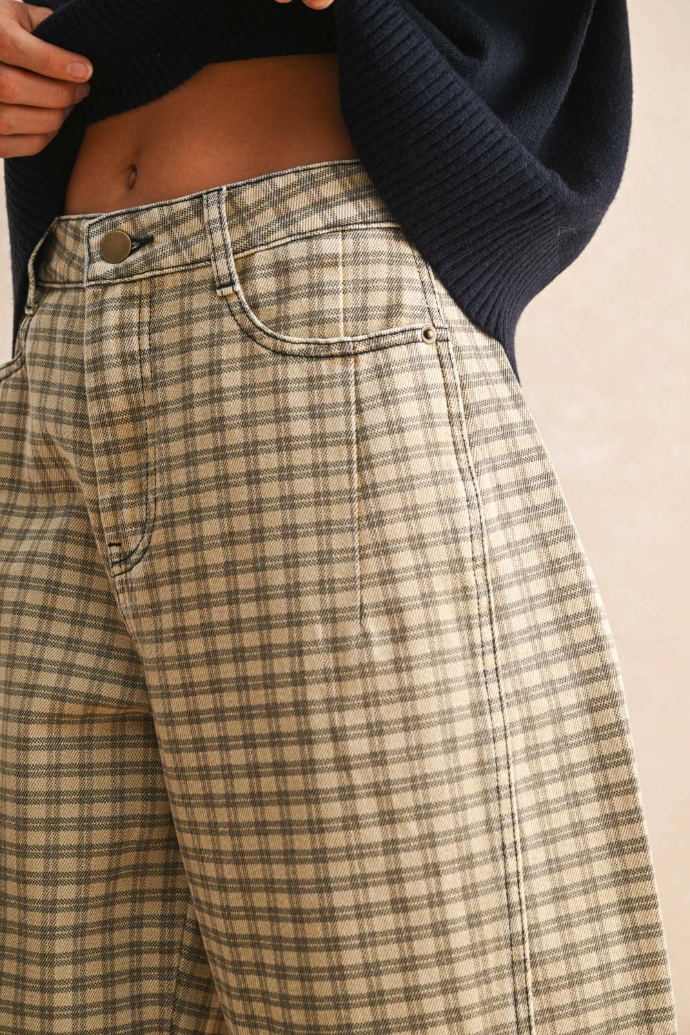 Beige Checker Pattern Barrel Pants
