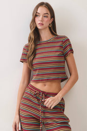 Brown Stripe Top & Pants Set showing short sleeves
