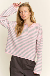 Pink Striped Henley Knit Sweater