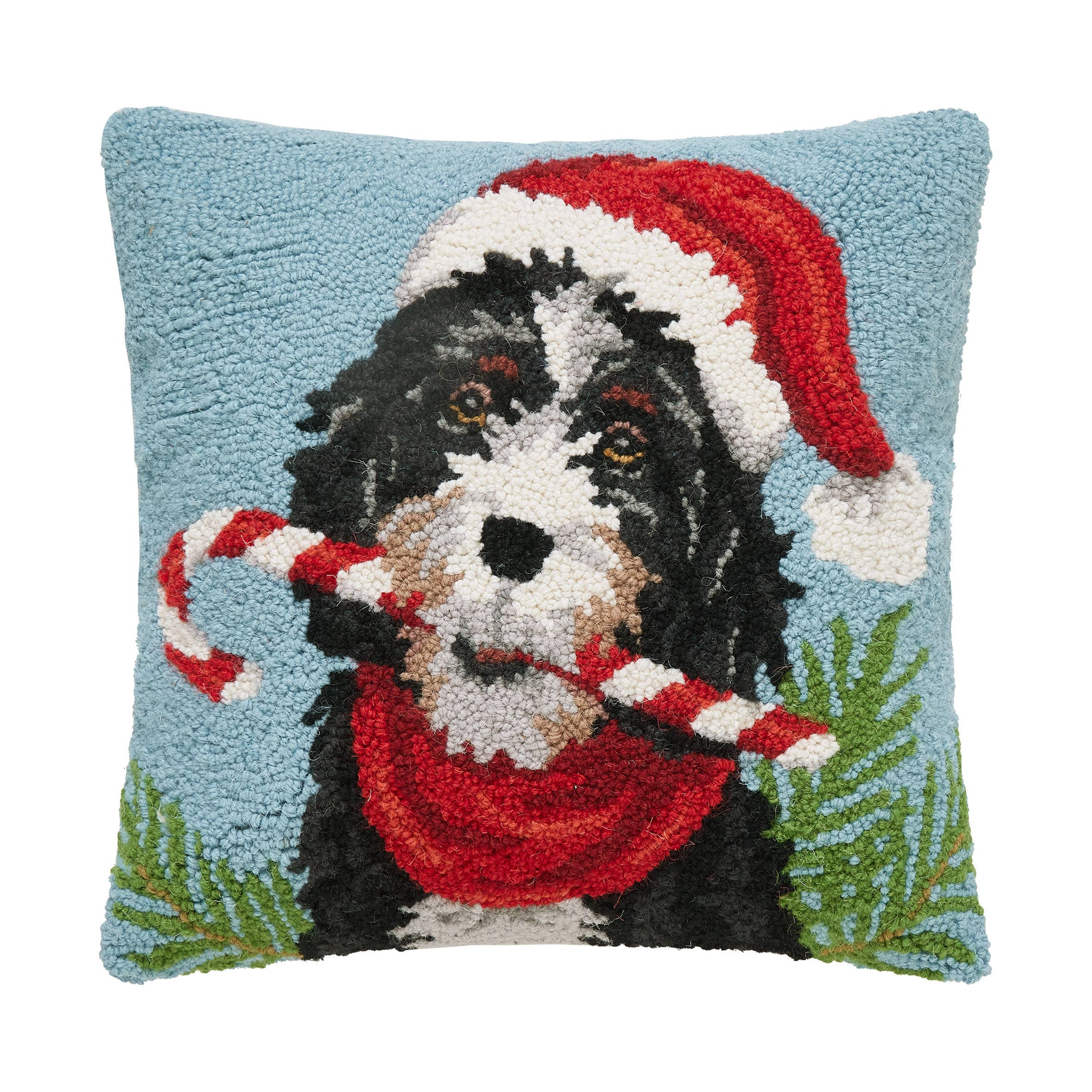 Light Blue Christmas Bernedoodle Hook Pillow