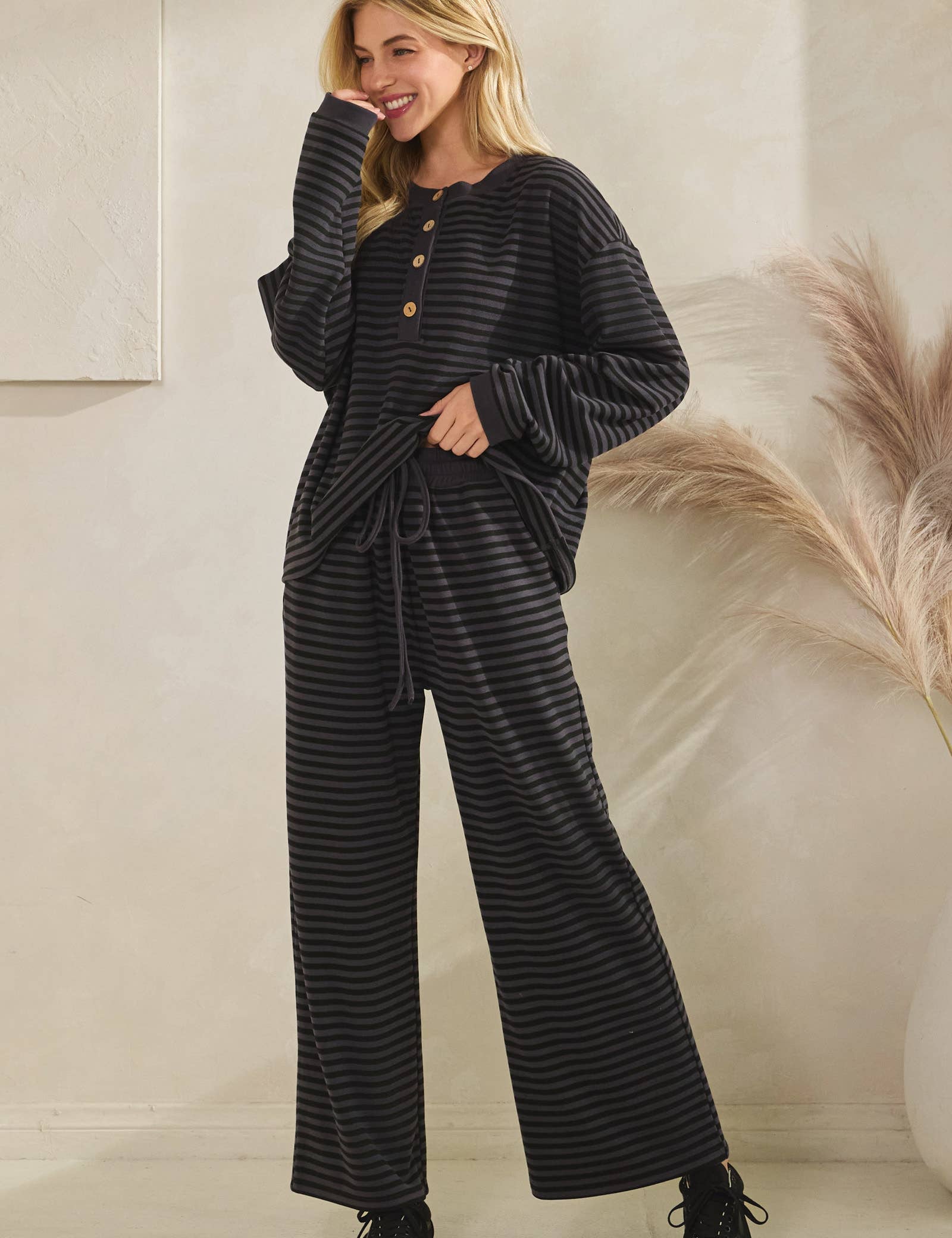 Striped Button Henley Brushed Lounge Set