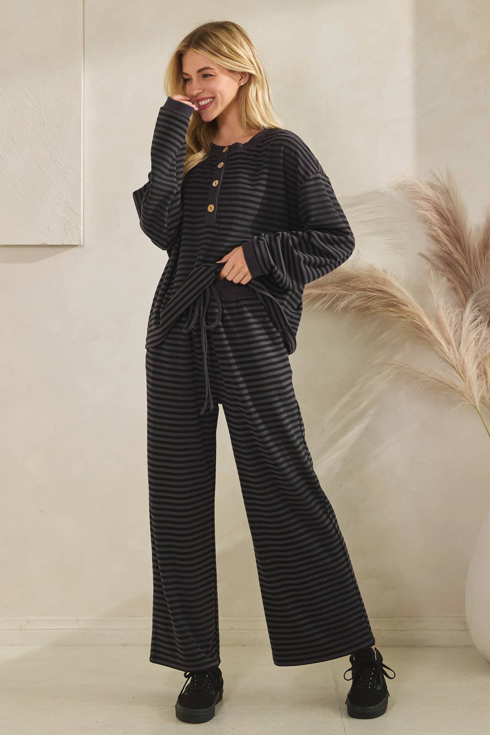 Striped Button Henley Brushed Lounge Set
