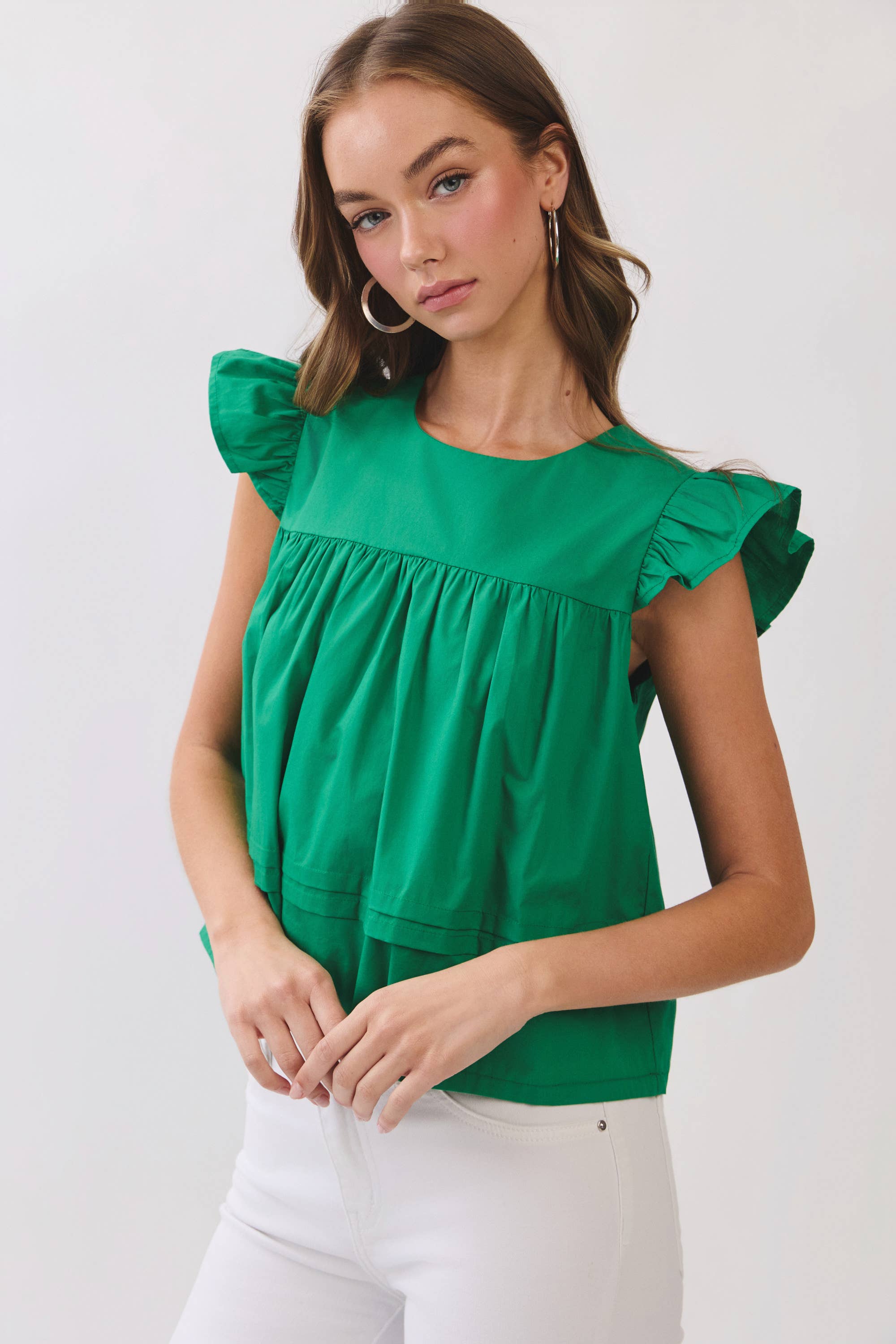 Green Ruffle Sleeve Babydoll Top