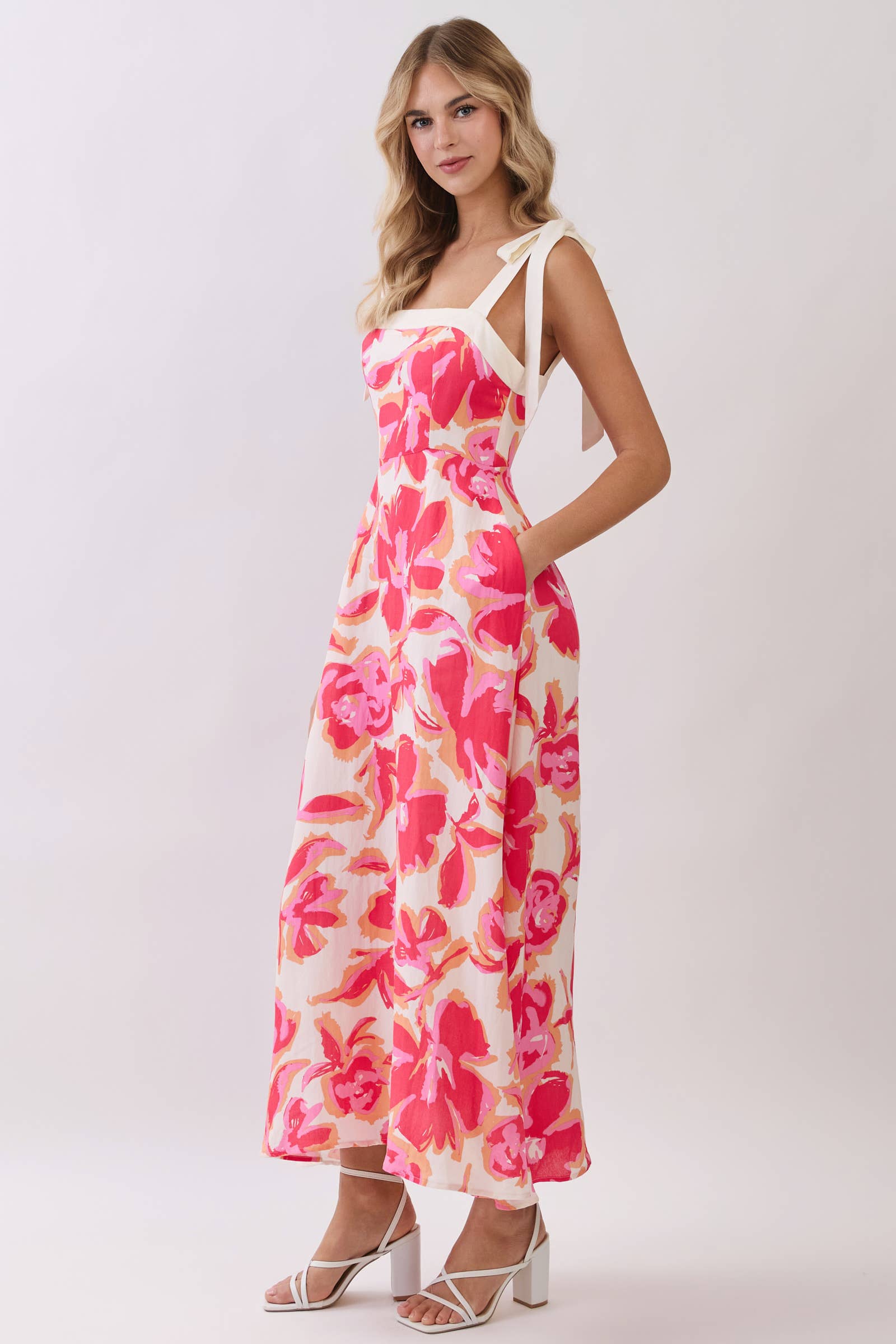 Hot Pink Floral Tie Maxi Dress