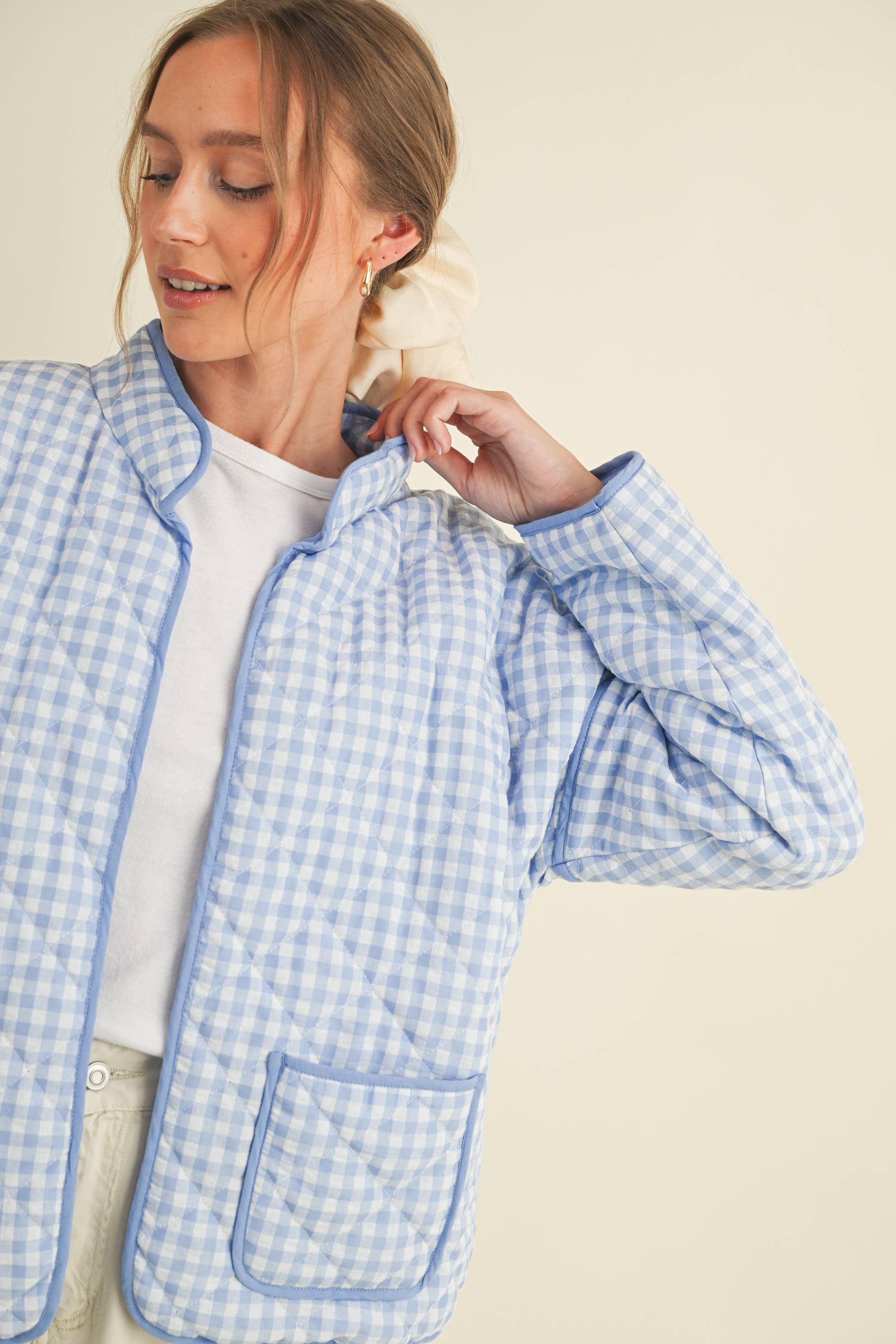 Light Blue Quilted Gingham Jacket in a relaxed fit