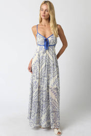 Blue Trim Printed Maxi Dress