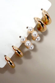 TRIO HUGGIE PEARL GOLD HOOP EARRINGS