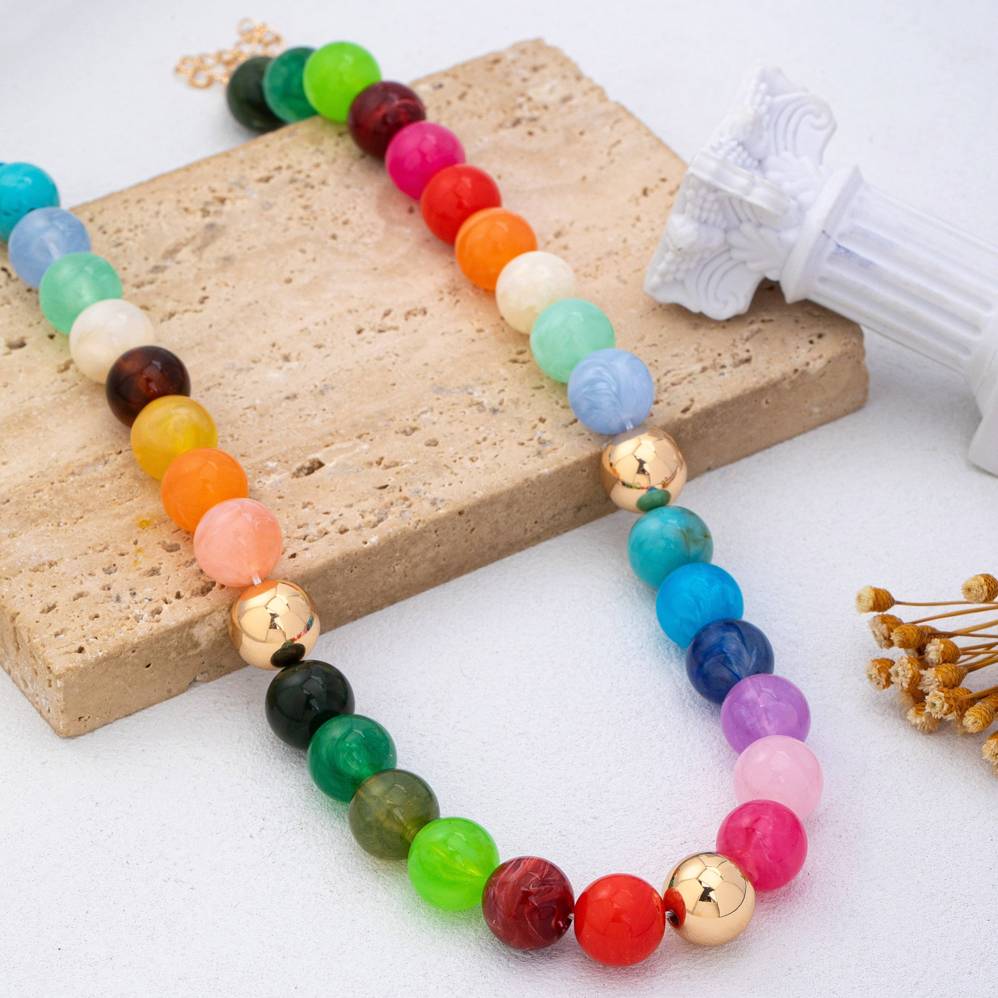 Multicolor Rainbow Marbled Bead Necklace