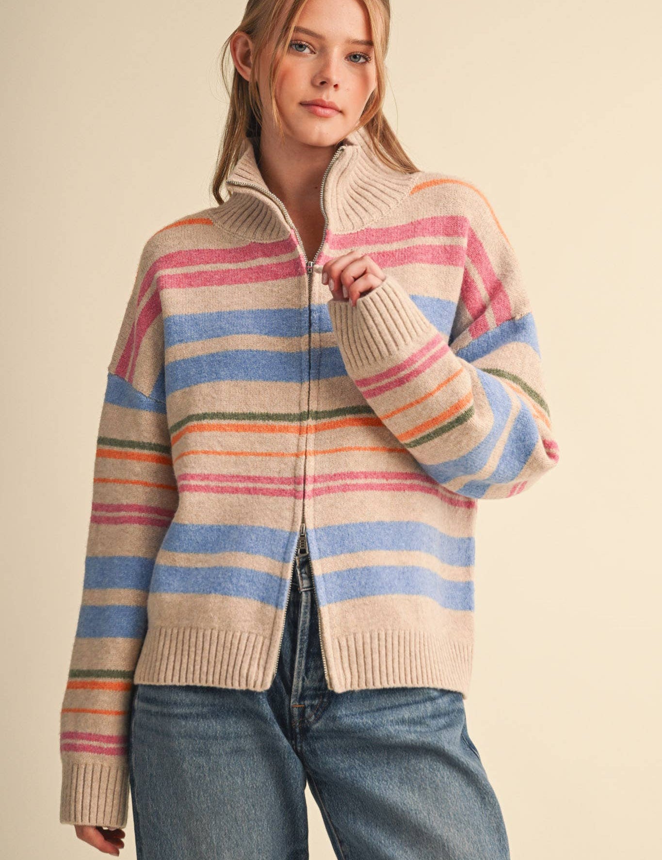 Cream Striped Mock Neck Zip Up Cardigan