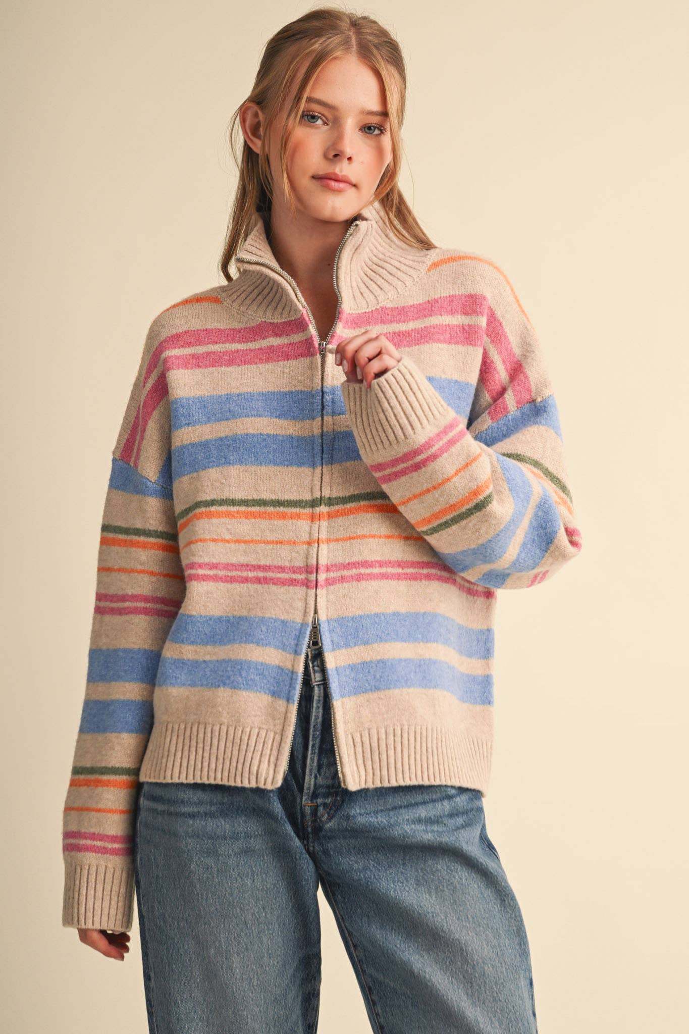 Cream Striped Mock Neck Zip Up Cardigan